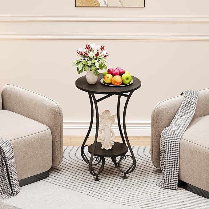 Side Table,Small Round End Table for Small Spaces - Round Bedside Nightstand Table with Metal Frame,Couch Sofa Coffee Table,Retro Accent Table for Living Room Bedroom Balcony,Black,Upgraded Version
