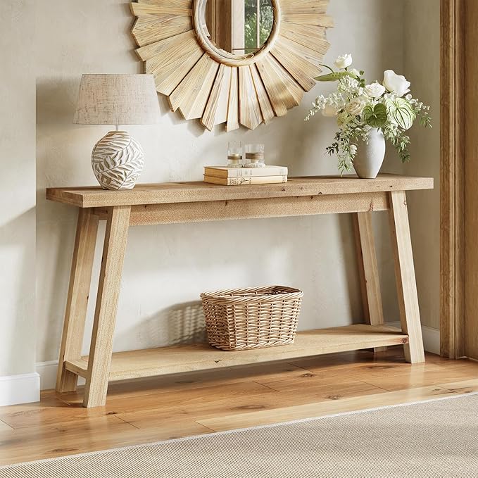 LITTLE TREE 70.9" Solid Wood Console Table for Entryway, 2-Tier Sofa Table Behind Couch, Farmhouse Entryway Table for Living Room, Bedroom, Foyer