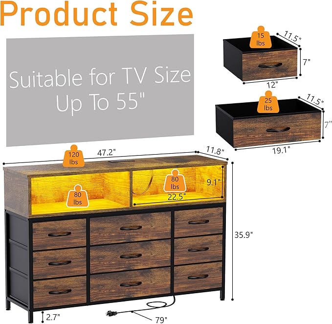 Dresser for Bedroom, 9 Drawers Led Dresser TV Stand with Power Outlets and LED Lights, Long Fabric Dressers Wide Chest of Drawers with Large Organizer for Living Room, Entryway, Hallway
