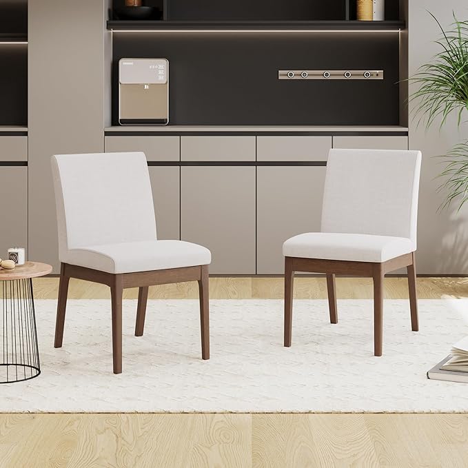 Dining Table Set for 4, Solid Rubberwood Upholstered Chairs, Mid-Century Modern Kitchen Furniture for Home, Dining/Living Room, Walnut+Beige