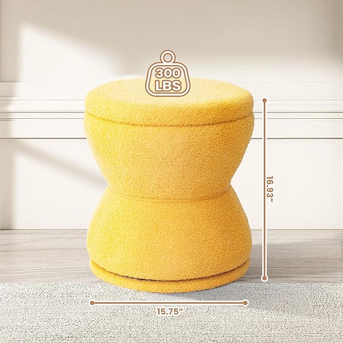 Ottoman with Storage, 360° Swivel Boucle Ottoman Vanity Stool, Upholstered Footstool with Storage Removable Lid, Modern Round Boucle Footrest Coffee Table for Living Room, Dorm, Makeup Room, Yellow