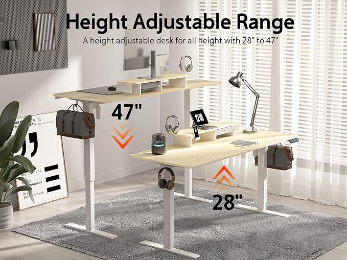 55x24 Inches Electric Standing Desk with Drawer and Monitor Stand, Height Adjustable Stand up Desk for Home Office, Ergonomic Sit to Stand Desk with Phone Holder, 3 Hooks, Oak
