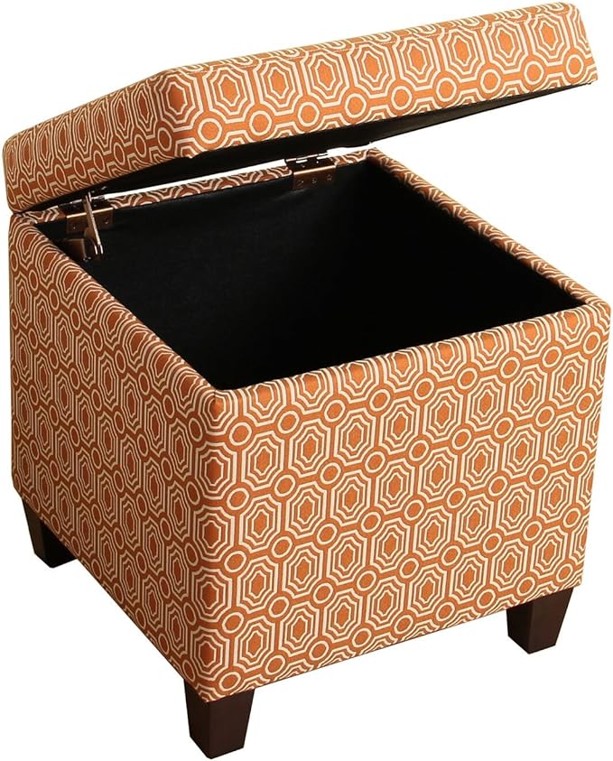 HomePop Upholstered Storage Cube Ottoman with Hinged Lid, Orange Geometric 17" x 17" x 18"