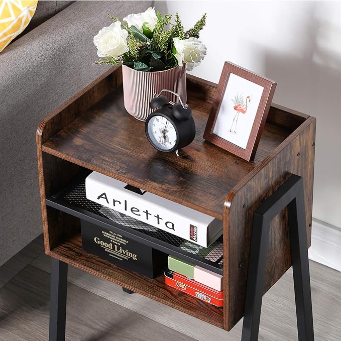 VECELO Nightstand Set of 2,Industrial End Table,Bedside Table with 2-Tier Open Storage Shelves,Wood Side Table with Metal Frame for Bedroom, Living Room,Small Spaces