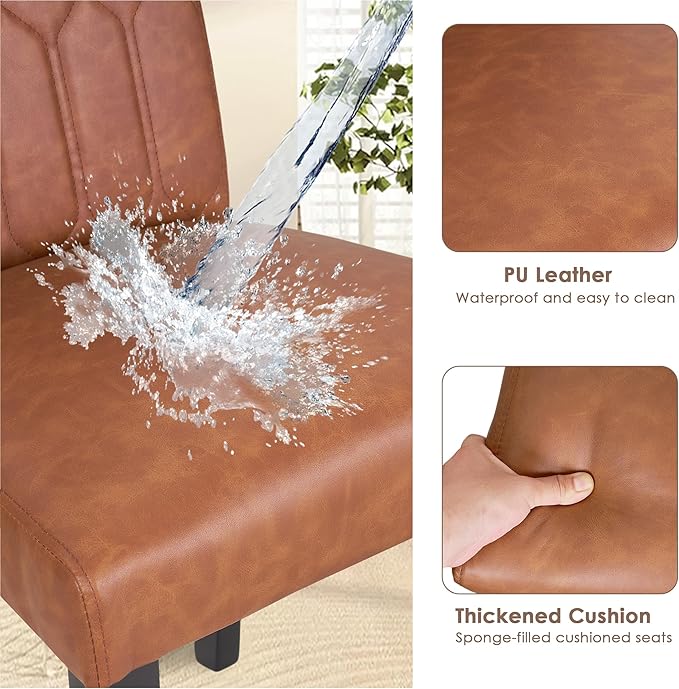 VECELO Upholstered Dining Chairs Set of 4, Modern PU Leather Accent Parsons, Solid Wood Legs w/Rubber Footpads, for Living Room Kitchen, Brown