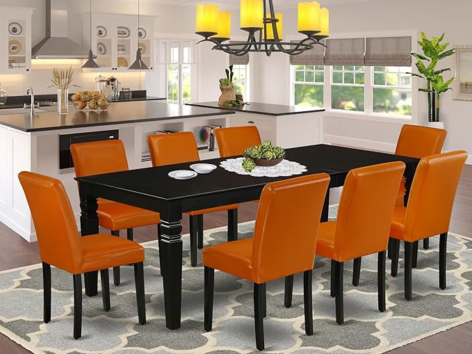 East West Furniture LGAB9-BLK-61 9 Piece Dining Set Includes a Rectangle Dining Room Table with Butterfly Leaf and 8 Baked Bean Faux Leather Upholstered Chairs, 42x84 Inch, Black