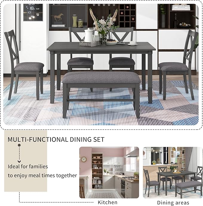 Ball & Cast 6 Piece Dining Table Set with 4 "X-Shaped Curved Backres Fabric Chairs & 1 Bench,Living Room Furniture W/ 60" Rectangle Kitchen Desk,for Restaurant,Home Bistro,Gray