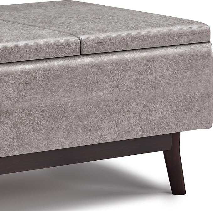 SIMPLIHOME Owen 34 inch Wide Mid Century Modern Rectangle Tray Top Small Coffee Table Storage Ottoman in Distressed Grey Vegan Faux Leather, Assembled, For the Living Room, Entryway and Family Room