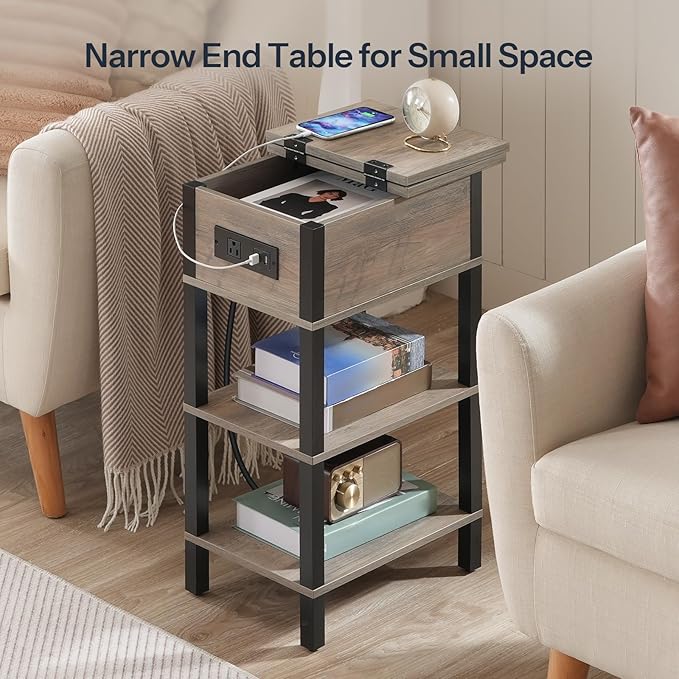 HOOBRO End Table with Charging Station, Flip Top Side Table with USB Ports, Narrow Nightstand Bedside Tables with Storage Shelves, for Small Space, Living Room,Greige and Black BG141UBZ01