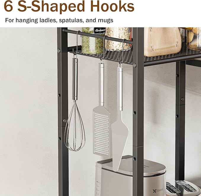 Kitchen Baker’s Rack, Microwave Stand with 2 Mesh Basket, Coffee Bar, 6 S-Shaped Hook, for Kitchen Storage Shelf, Living Room, Rustic Brown and Black