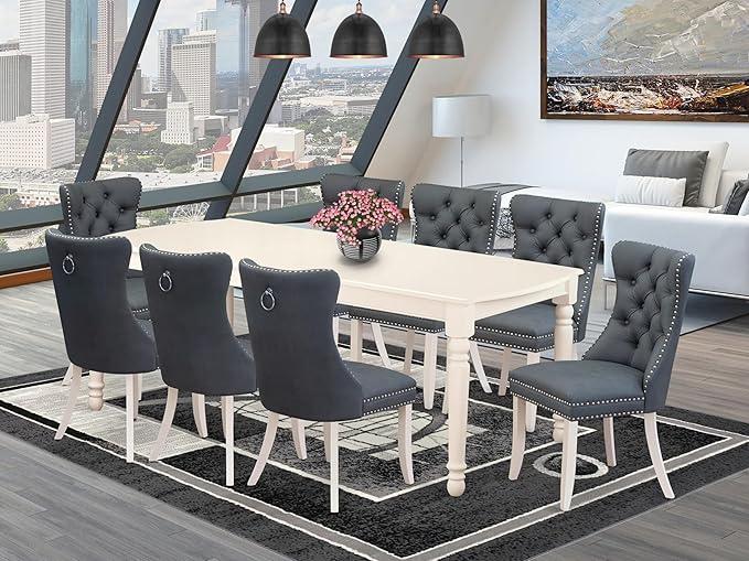 East West Furniture DODA9-LWH-13 9 Piece Dining Table Set Includes a Rectangle Kitchen Table with Butterfly Leaf and 8 Polyester Fabric Chairs, Linen White