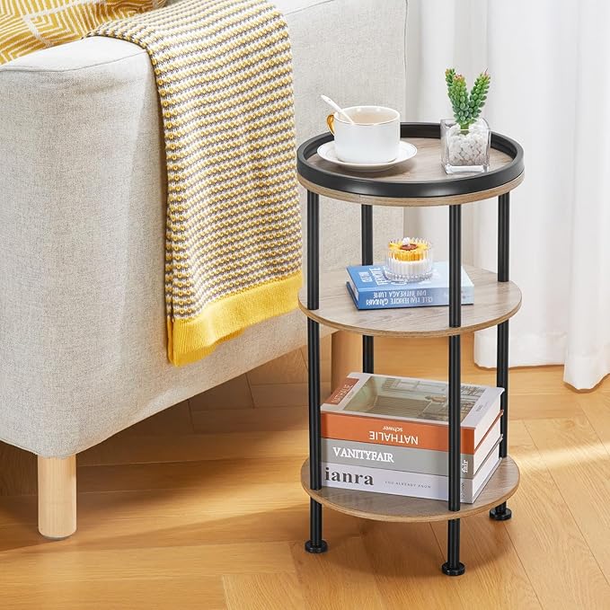 Side Table, Small Round Side Table for Small Spaces, 3-Tier Round Accent Table Slim Side Table, Modern Sofa End Table Corner Table for Living Room Nightstand Bedroom (Oak)
