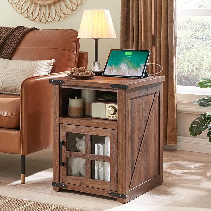 Farmhouse Nightstand with Charging Station, Rustic End Table with Tempered Glass Barn Door, Wood Sofa Side Bedside Table with Open Storage Shelf for Living Room, Bedroom, Brown, 2 Pack