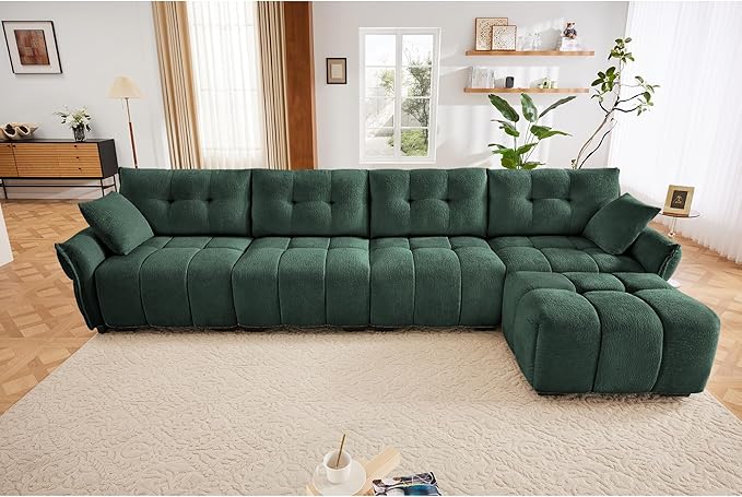 Modern Chenille Fabric 4-Seat Sofa w/Ottoman+2 Pillows, Premium Upholstery Living Room Couch with Tufted Backrest & Comfortable Armrests and High-Resilience Memory Foam Cushions,Green