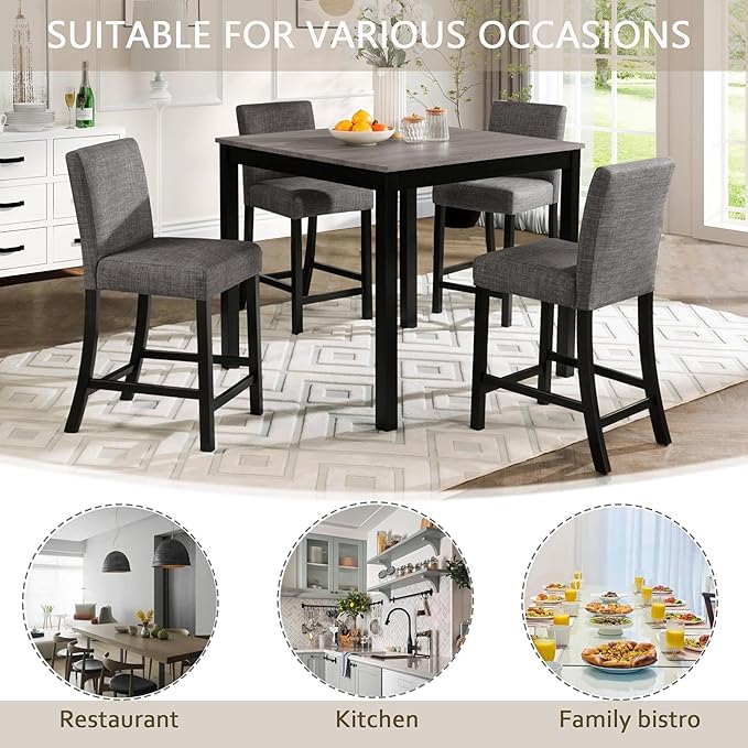 KEIKI 5-Piece Counter Height Dining Table Set with Square Table and 4 Upholstered Curved Backrset Chair, for 4 Person, Modern Wooden Table Set, Easy Assembly, for Kitchen, Dining Room, Black+Gray