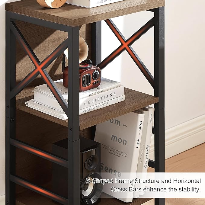 Small Bookshelf,3 Tier Industrial Bookcase with Metal Frame and Backboard,Low Rustic Brown Book Shelf,Book case for Small Spaces,Living Room,Bedroom and Home Office