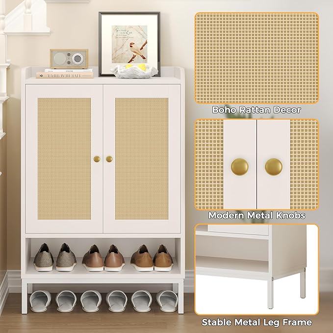 Rattan Shoe Cabinet Storage for Entryway, Shoe Cabinet with Adjustable Shelves for Entryway, 5-Tier, 20 Pair Shoe Rack Storage for Hallway, Closet, Living Room, White