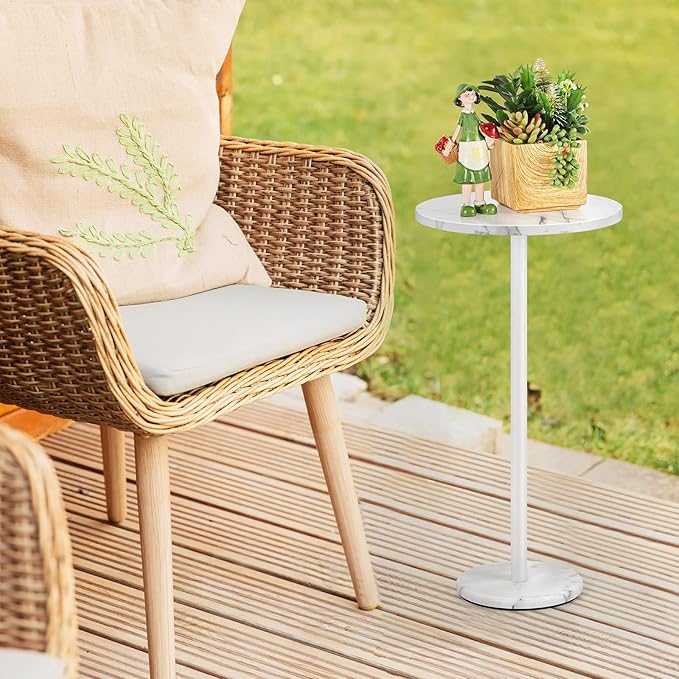 White Round Side Table Small End Table Set of 2 Modern Accent Table Pedestal Drink Table with Marble Base for Small Spaces Living Room Bedroom Outdoor