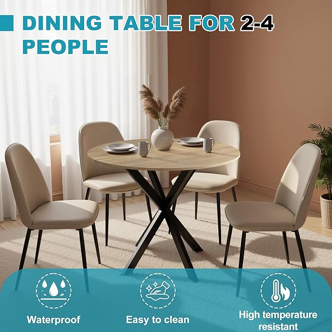 31.5" Round Dining Table for 4, Modern Small Dinner Table Farmhouse Round Kitchen Tables with Metal Legs for Dining Room, Kitchen, Living Room, Rustic Brown & Black