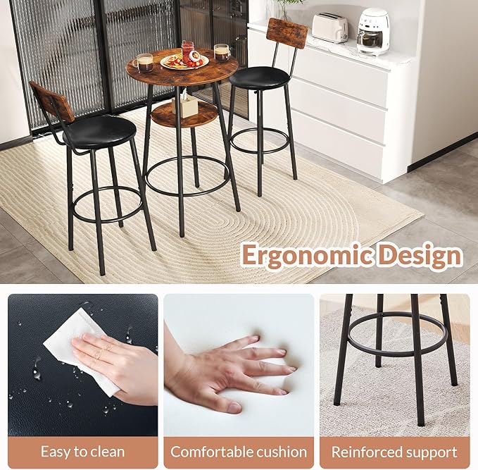 3 Pieces Round Bar Table and Chair Set, Small Dining Table for 2, Breakfast Table with Storage, Modern Kitchen Bar Table, 2 Upholstered Stools with Backrest for Dining Room & Bistro-Brown