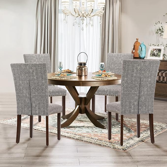 Parsons Dining Chairs Set of 2, Upholstered Nailhead Dining Room Kitchen Side Chair with Thick Cushions and Wood Legs, Black/White