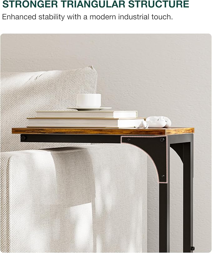 C-Shaped Side Table for Couch - Small Coffee Stand Sofa Tray Desk with Sturdy Metal Frame and Waterproof Scratch Resistant Wood Surface, Rustic Brown