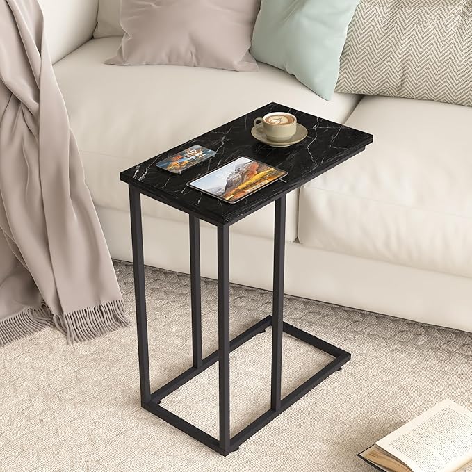 VECELO C Shaped End Side Table for Sofa Couch and Bed Snack TV Tray for Living Room Bedroom, 1 Set, Black Marble