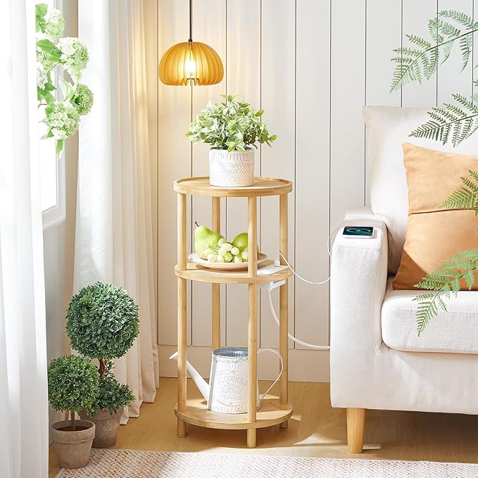 HOOBRO Set of 2 Small Round Side Tables with Charging Station, 3-Tier Round Bamboo End Tables, Easy Assembly, for Living Room, Bedroom, Apartment, Natural YL152UBZP201