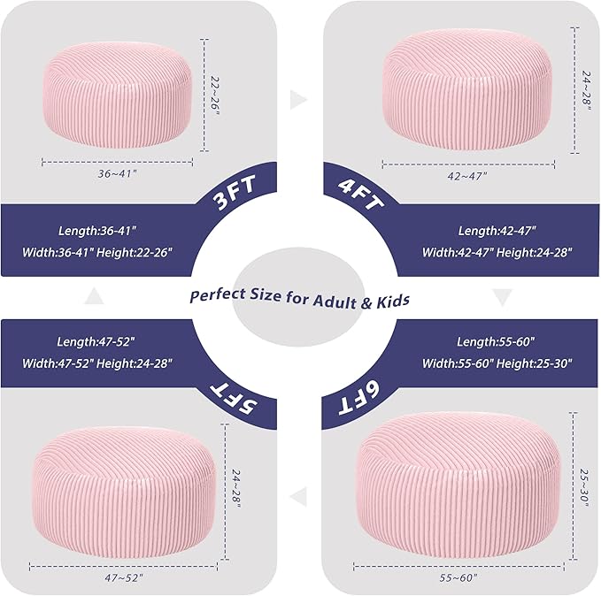 HABUTWAY 3FT Bean Bag Chair, 3' Large Bean Bag Chairs for Adults with Removable Stripe Plush Cover, Memory Foam Beanbag Chair for Living Room Bedroom Dorm (Tender Pink)