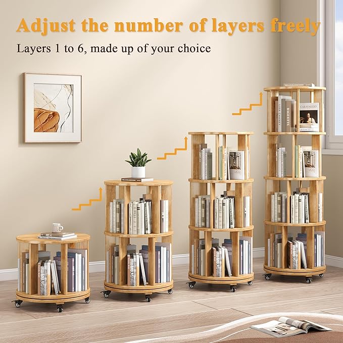 4 Tier Rotating Bookshelf Tower, 360 Spinning Bookcase Carousel with Lockable Wheels, Round Lazy Susan Organizer for Corner Bookshelf, Solid Wood Revolving Bookcase for Kids Room, Bedroom, Living Room