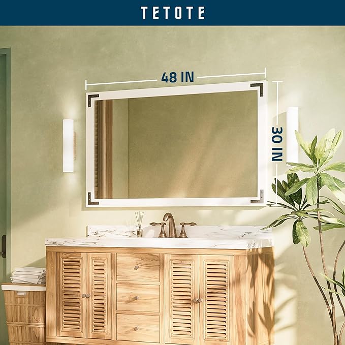 TETOTE 48 x 30 White Wood Mirror for Bathroom Wall/Bedroom/Living Room/Entryway Farmhouse Rustic Bathroom Vanity Mirror for Over Sink Waterproof (Horizontal/Vertical Mounted)