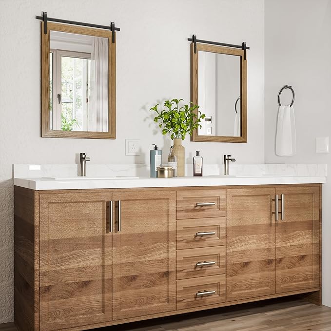 Farmhouse Wall Mirror, Rustic Wood Frame Bathroom Mirror Barn Door Inspired Decorative Vanity Dress Mirrors for Living Room Entryway, 24x36 INCH Brown