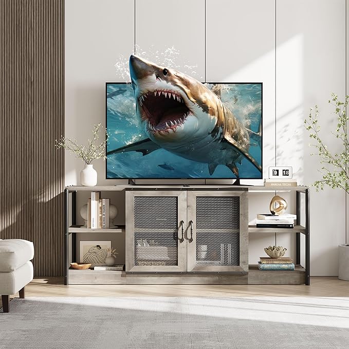 GarveeHome Farmhouse TV Stand for 65/75 Inch TVs, Entertainment Center with Storage Cabinet, 63'' Rustic TV Media Console Table, Furniture for Living Room, Grey