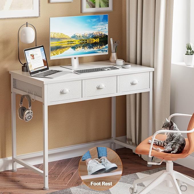 Furologee White Small Computer Desk with 3 Fabric Drawers,40 Inch Simple Table Home Office Writing,Vanity Desk with Hooks, Study Desk for Bedroom Small Spaces