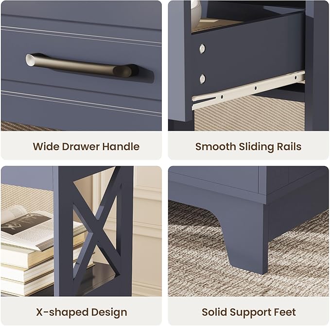 Tall Nightstand Set of 2 Side Table with 2 Drawers Modern Night Stand Wooden Rustic End Table Bedside Table with Upper Open Shelf Solid Feet for Bedroom, Living Room, Navy Blue+Walnut