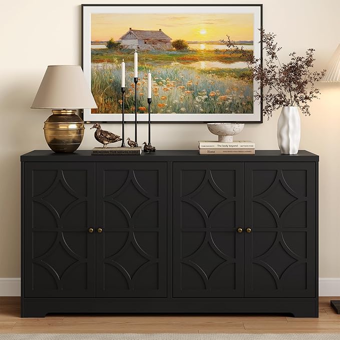 Sideboard Buffet with 4 Doors, Mid-Century Sideboard Cabinet with Adjustable Shelves, Accent Cabinet for Entryway, Living Room, Dining Room, Black