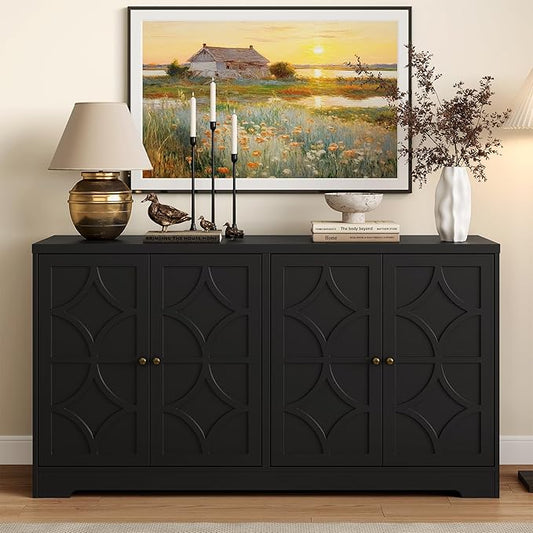 Sideboard Buffet with 4 Doors, Mid-Century Sideboard Cabinet with Adjustable Shelves, Accent Cabinet for Entryway, Living Room, Dining Room, Black