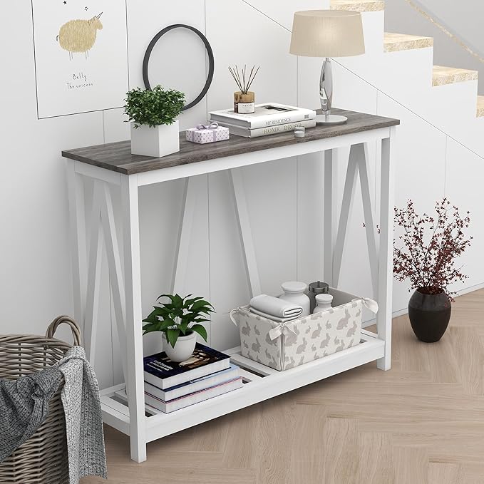 Farmhouse Console Table for Entryway, 39.3 Inch Sofa Table with Storage Shelf, Hallway Table, Narrow Behind Couch Table for Foyer, Living Room，Oak Grey