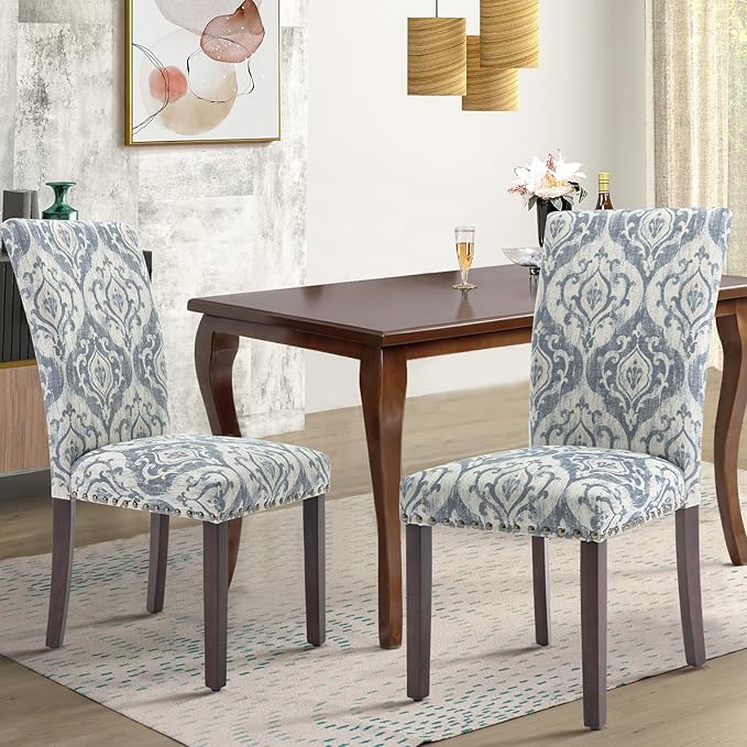 COLAMY Upholstered Parsons Dining Chairs Set of 6, Fabric Dining Room Kitchen Side Chair with Nailhead Trim and Wood Legs - Blue/White Flower