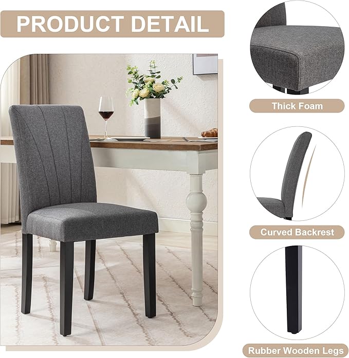 VECELO Upholstered Dining Chairs Set of 2, Modern Fabric and High Back & Solid Wood Legs, Parsons for Kitchen/Living Room- Dark Gray