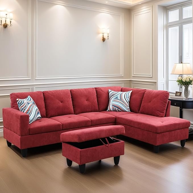 L Shaped Sectional Couch Sofa, Modern Couches for Living Room, Comfy 4 Seat Modular Sectional Sofa with Ottoman Storage for Bedroom Apartment, Red