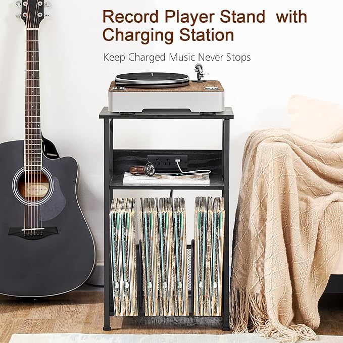 AMHANCIBLE Record Player Stand with Charging Station, Turntable Stand with Storage Cabinet, 3 Tier End Table Hold Up to 100 Albums, Record Stand for Vinyl, Living Room, Black, HETCD01BK-1