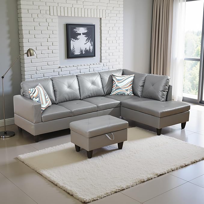 Couches for Living Room Faux Leather L Shaped Couch Comfy 3 Pieces Sectional Sofa with Chaise, Ottoman with Storage for Office and Small Apartment, Dark Grey