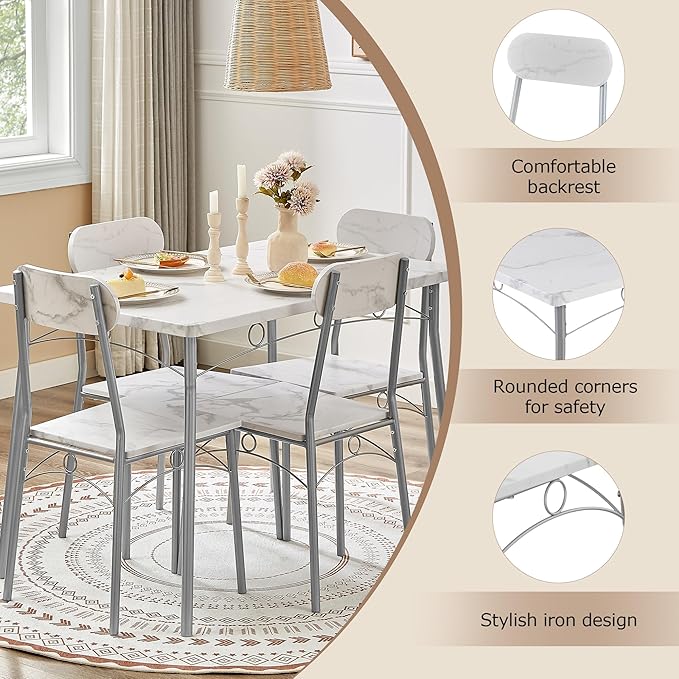 VECELO 5-Piece Dining Table Set for 4, Kitchen Rectangular Dinette with Wooden Chairs for Small Space, Apartment, Breakfast Nook, White