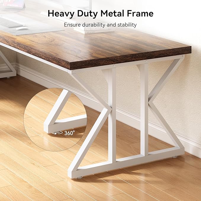 LITTLE TREE 78.7 Inch Large Executive Desk, Modern Computer Office Desk, Wooden Writing Desk Study Table for Home Office, Rustic Brown-White