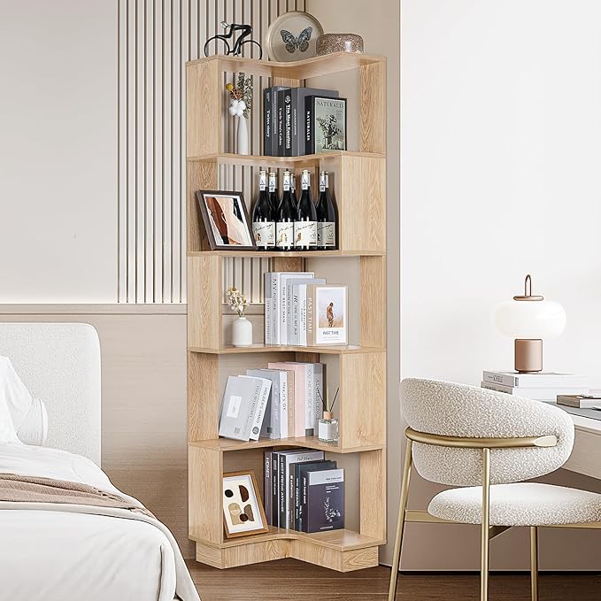 Wooden Corner Bookcase, 5 Tiers Corner Bookshelf 68.9" L-Shaped Storage Display Rack Tall Large Open Bookshelf with Fixture for Living Room Bedroom Study Office