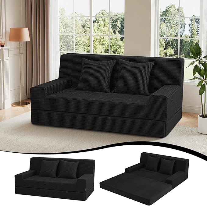 MeMoreCool Boneless Folding Sofa Bed Queen, Corduroy Convertible Sleeper Chair, Foldable Foam Mattress Chair, Comfy Fold‑Out Futon Couch Bed, Large Floor Sofa Couch for Living Room Guest