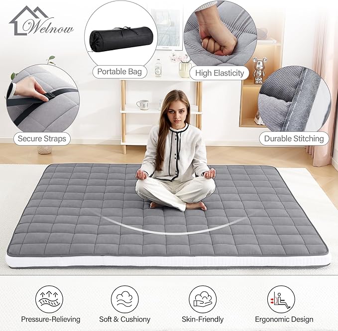 Welnow Japanese Futon Floor Mattress, Twin Size Thick Tatami Mat Portable & Foldable Roll Up Floor Bed Mattress with Storage Bag, Sleeping Pad for Adults, Dorm, Guest Bed, Camping and Travel, Grey