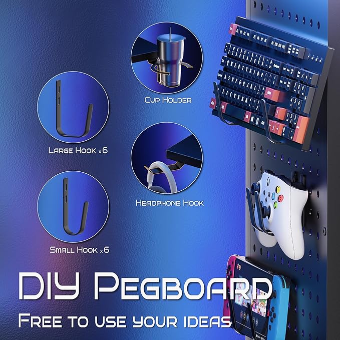 Pamray Small Rolling Gaming Desk with Led Lights Power Outlets and Storage Pegboard, Small Spaces Compact PC Computer Table White
