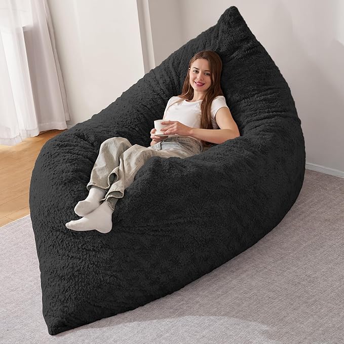 HABUTWAY 4 in 1 Bean Bag Chair, Giant Memory Foam Filling Bean Bag Sofa, Adult Bean Bag Chair, Machine Washable Faux Fur Cover, Bean Bag for Adult (Black)
